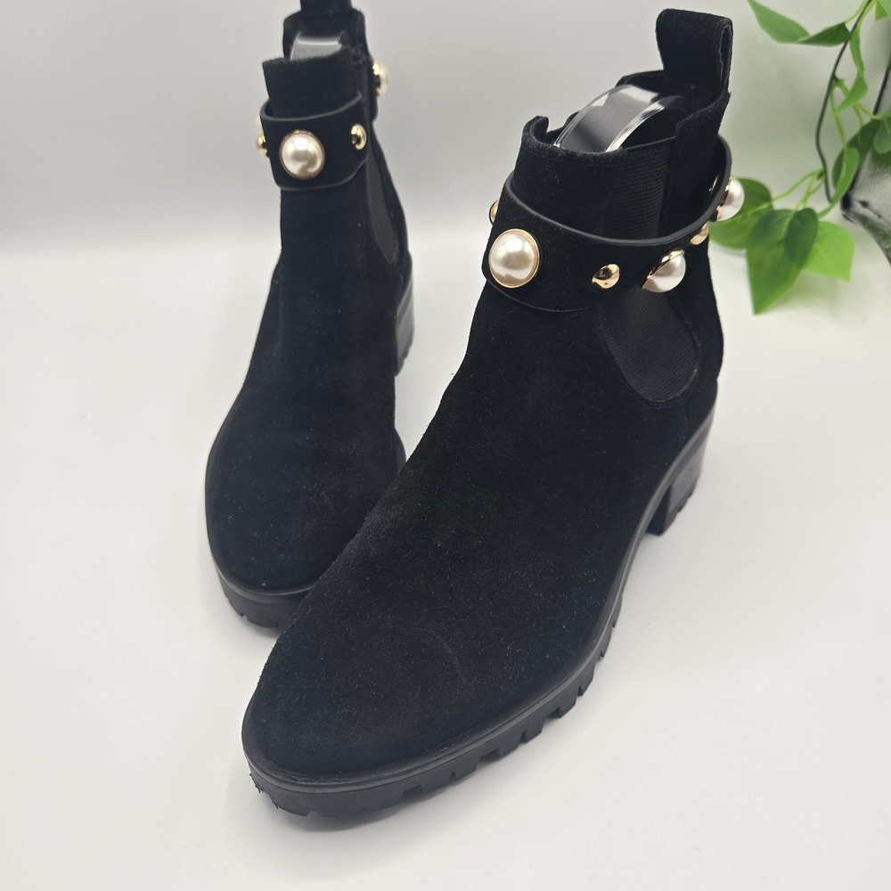 Karl Lagerfeld Pola Ankle Boots Black Pearl Stud Suede Lug Sole WMS 7.5M
